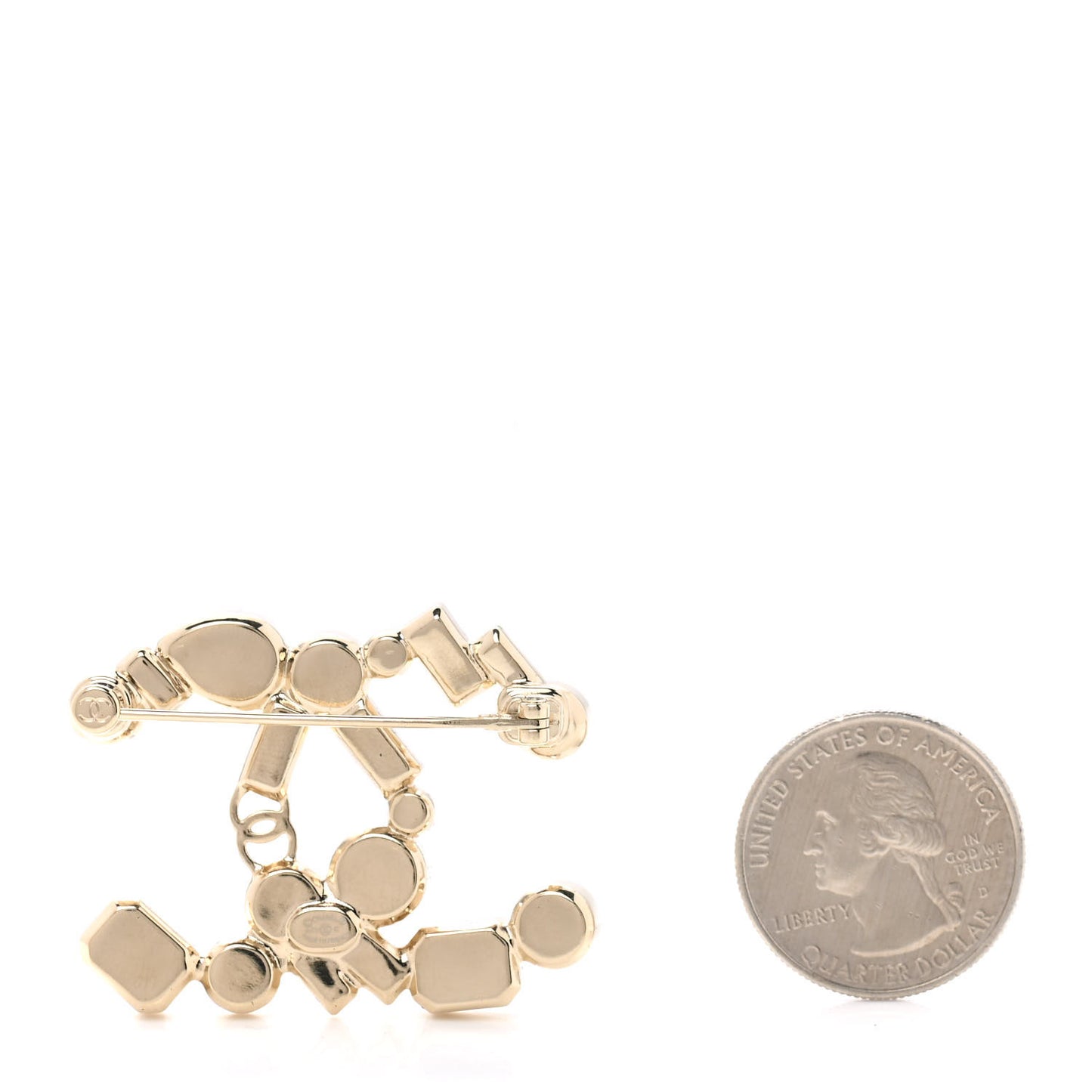 Crystal Baguette Pearl CC Brooch Gold