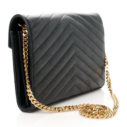 Saint Laurent Grain De Poudre Matelasse Chevron Monogram Chain Wallet Black 3 of 9