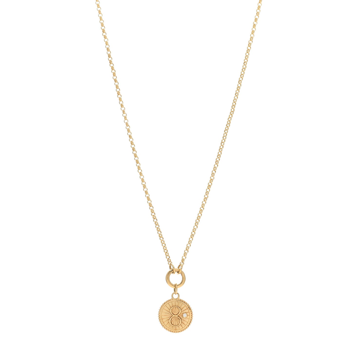 18K Yellow Gold Diamond Baby Karma Medallion Small Belcher Open Mini Chubby Annex Link Necklace