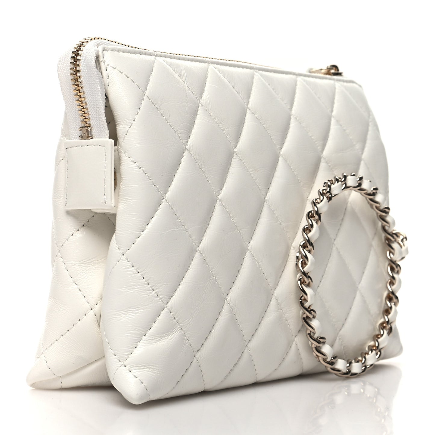 Shiny Crumpled Calfskin Quilted Clutch Bag White