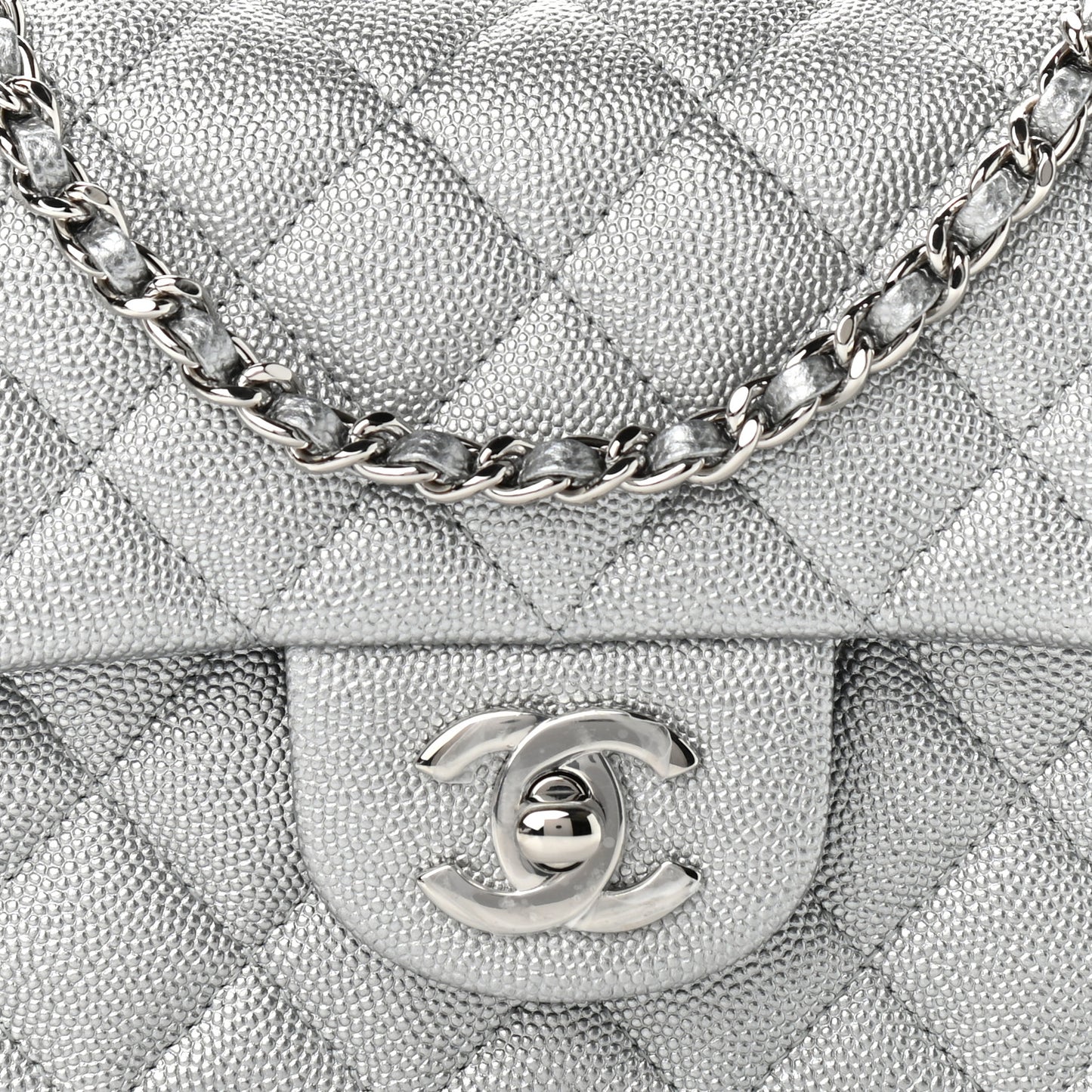 Metallic Caviar Quilted Mini Top Handle Rectangular Flap Silver