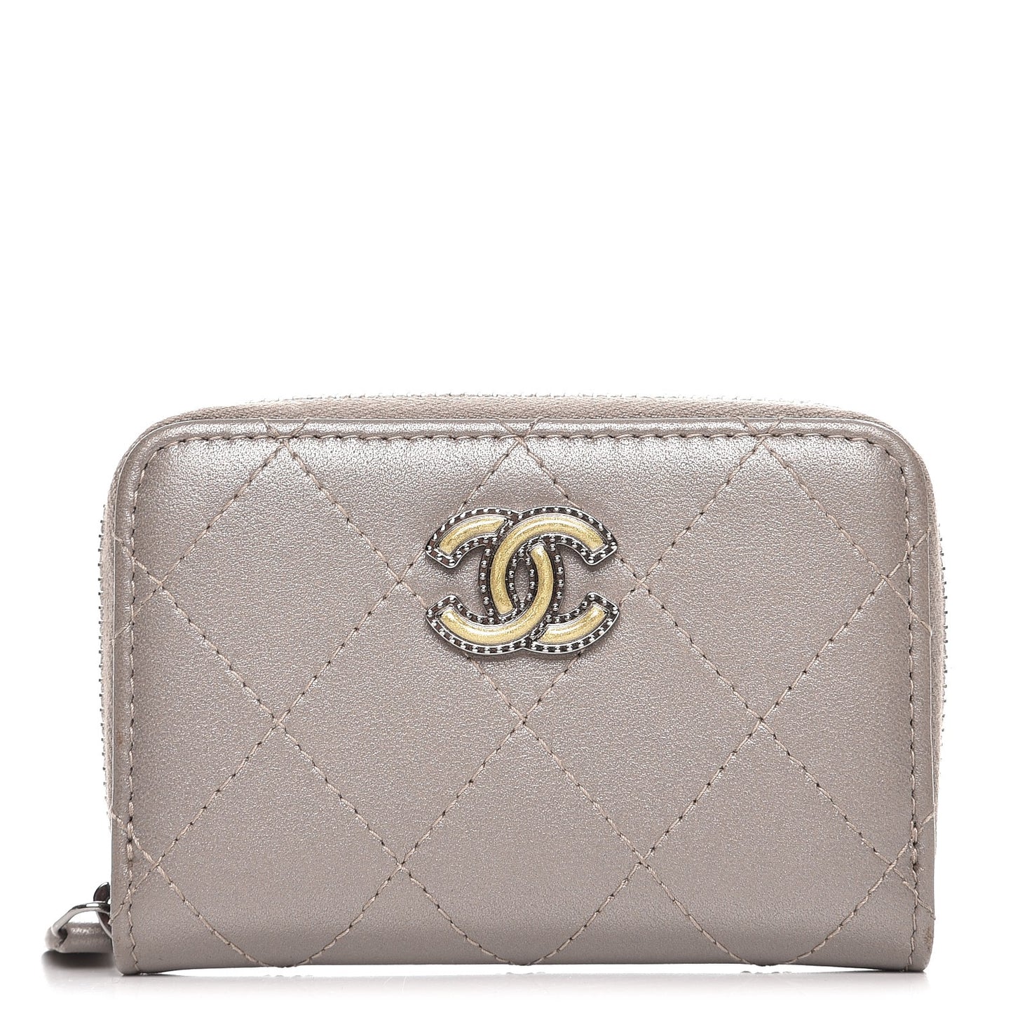 Metallic Lambskin Quilted Zip Around Coin Purse Grey