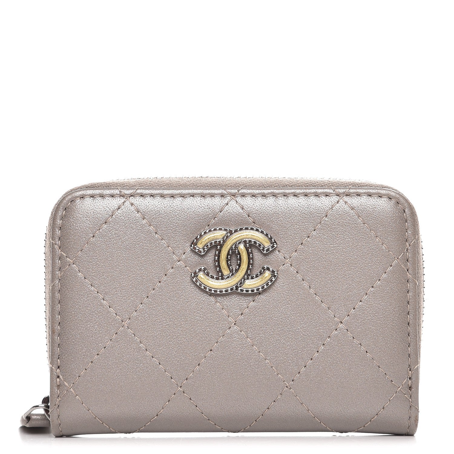 Chanel Metallic Lambskin Quilted Zip Around Coin Purse Grey 1 of 7