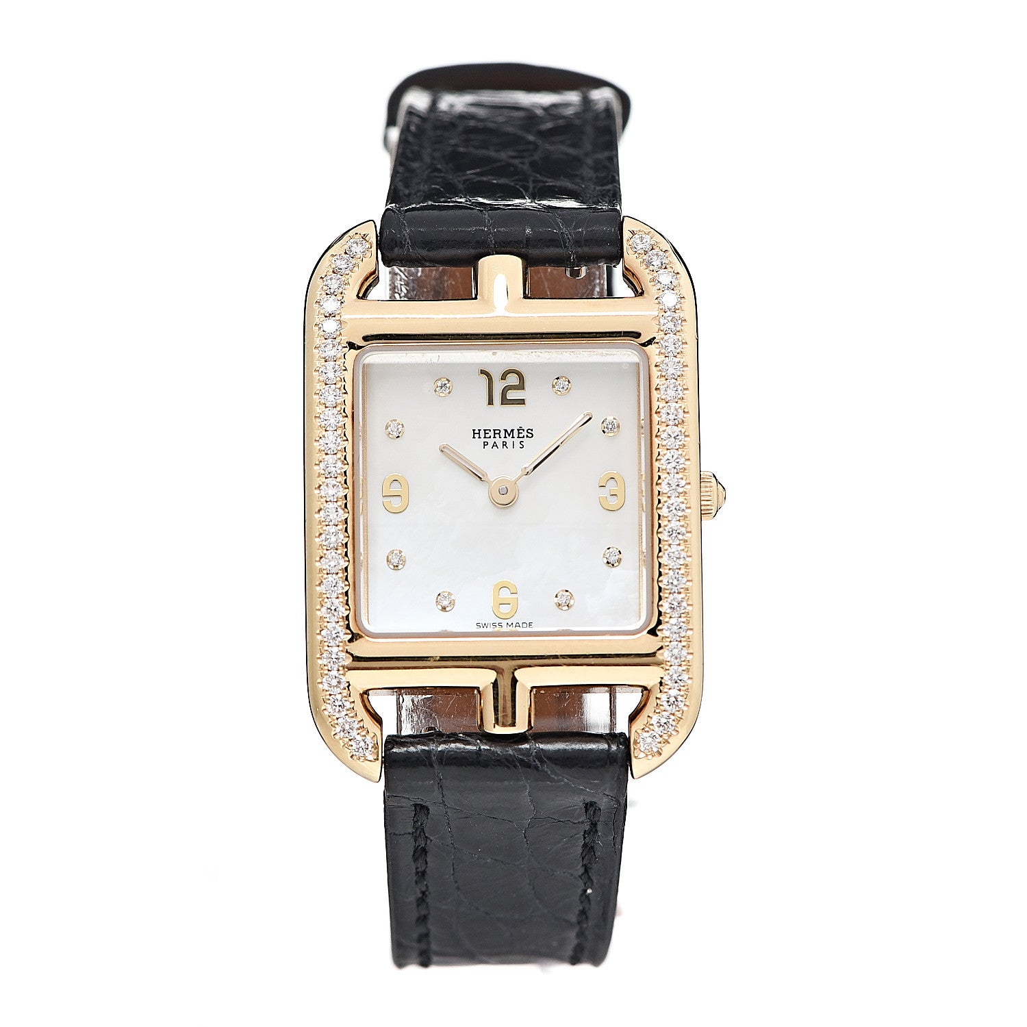 Hermes 18K Yellow Gold Alligator Diamond Bezel Mother of Pearl 23mm Cape Cod Quartz Watch Noir 1 of 7