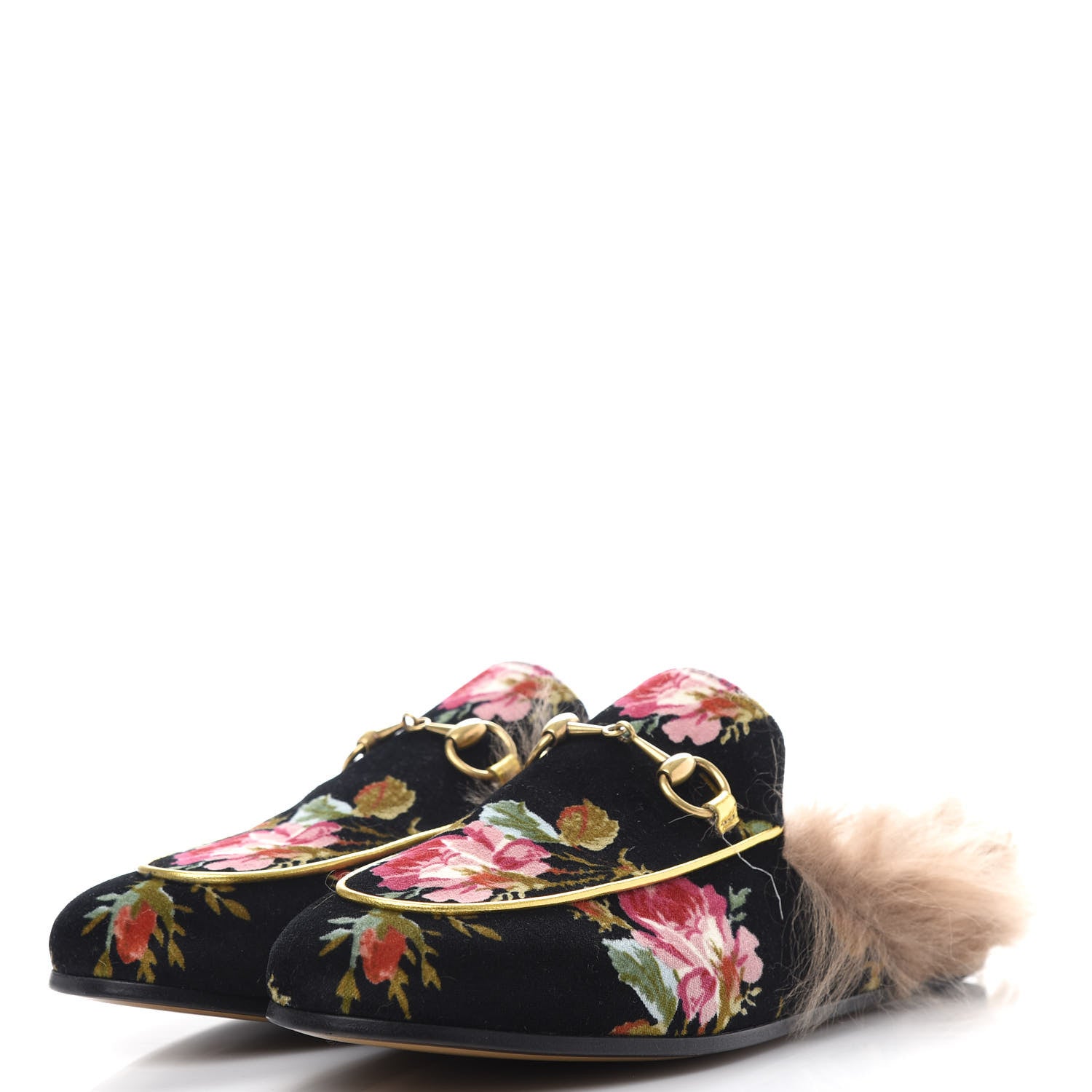 Gucci Velvet Fur Floral Womens Princetown Slippers 37 Black 3 of 11