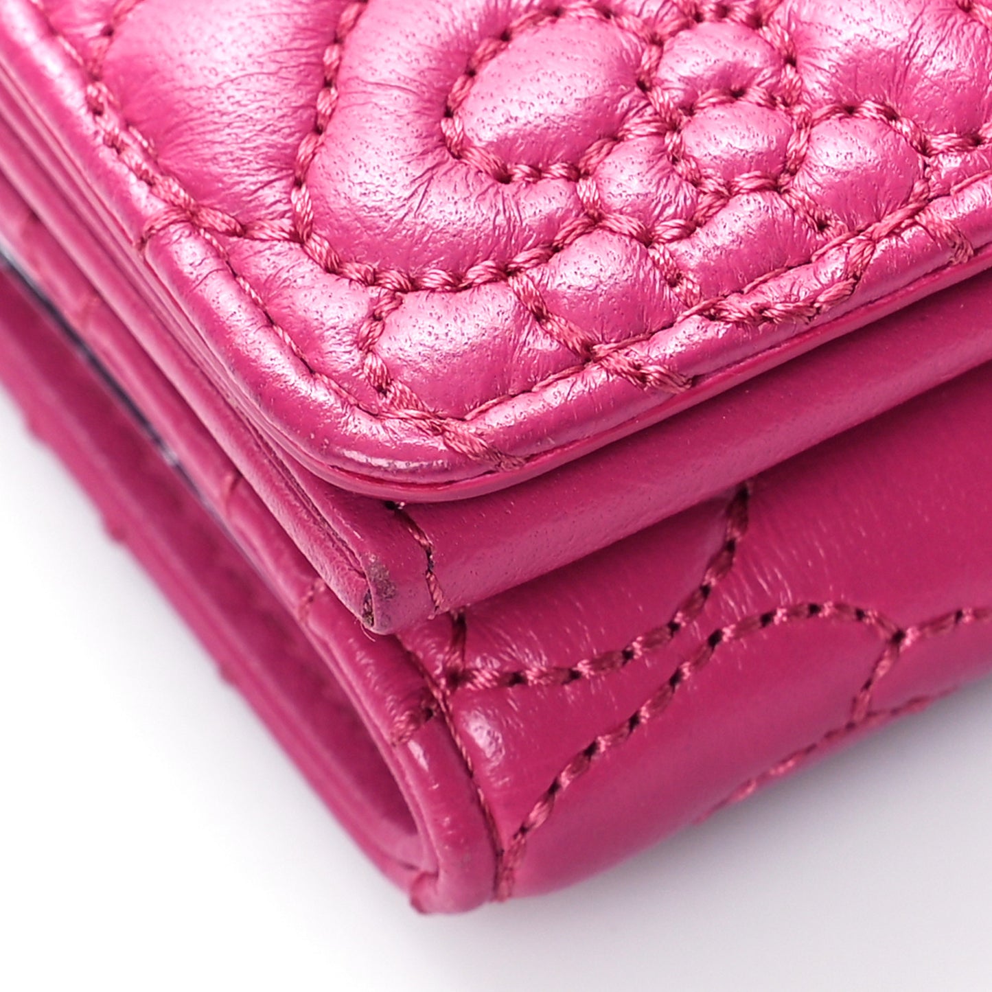 Lambskin Camellia Embossed Compact Wallet Fuchsia
