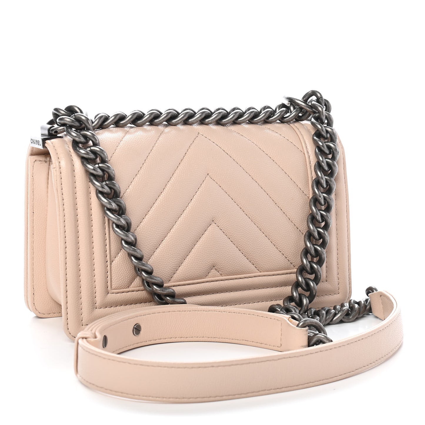 Caviar Chevron Quilted Small Boy Flap Light Beige