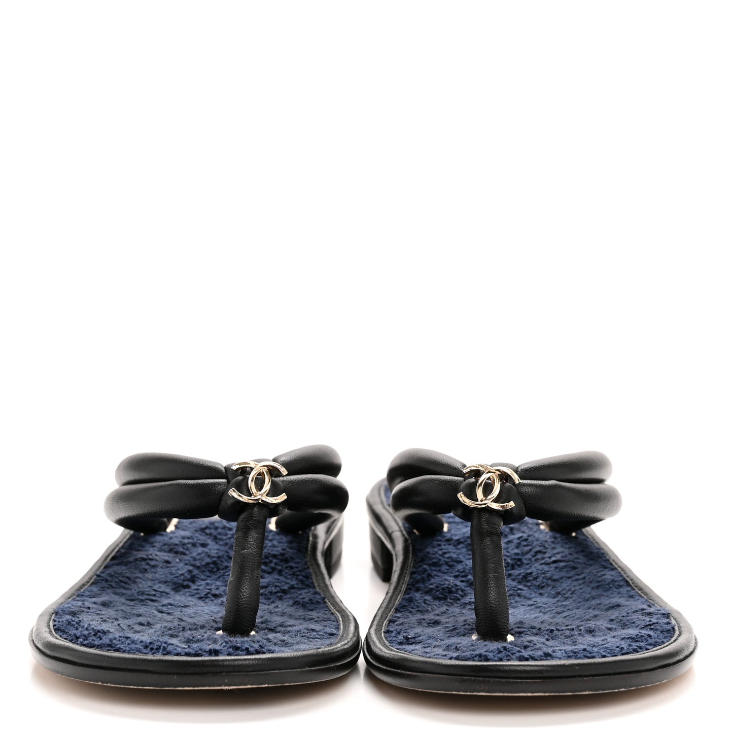 Lambskin Terry Cloth CC Thong Sandals 38 Black Dark Navy