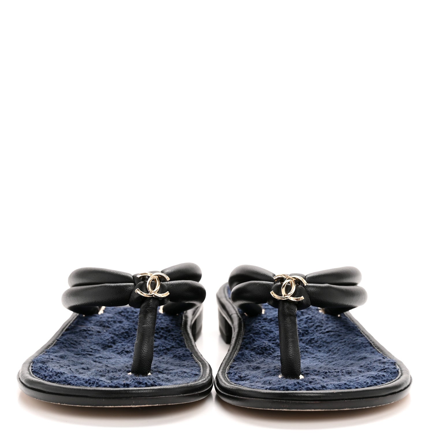 Chanel Lambskin Terry Cloth CC Thong Sandals 38 Black Dark Navy 4 of 8