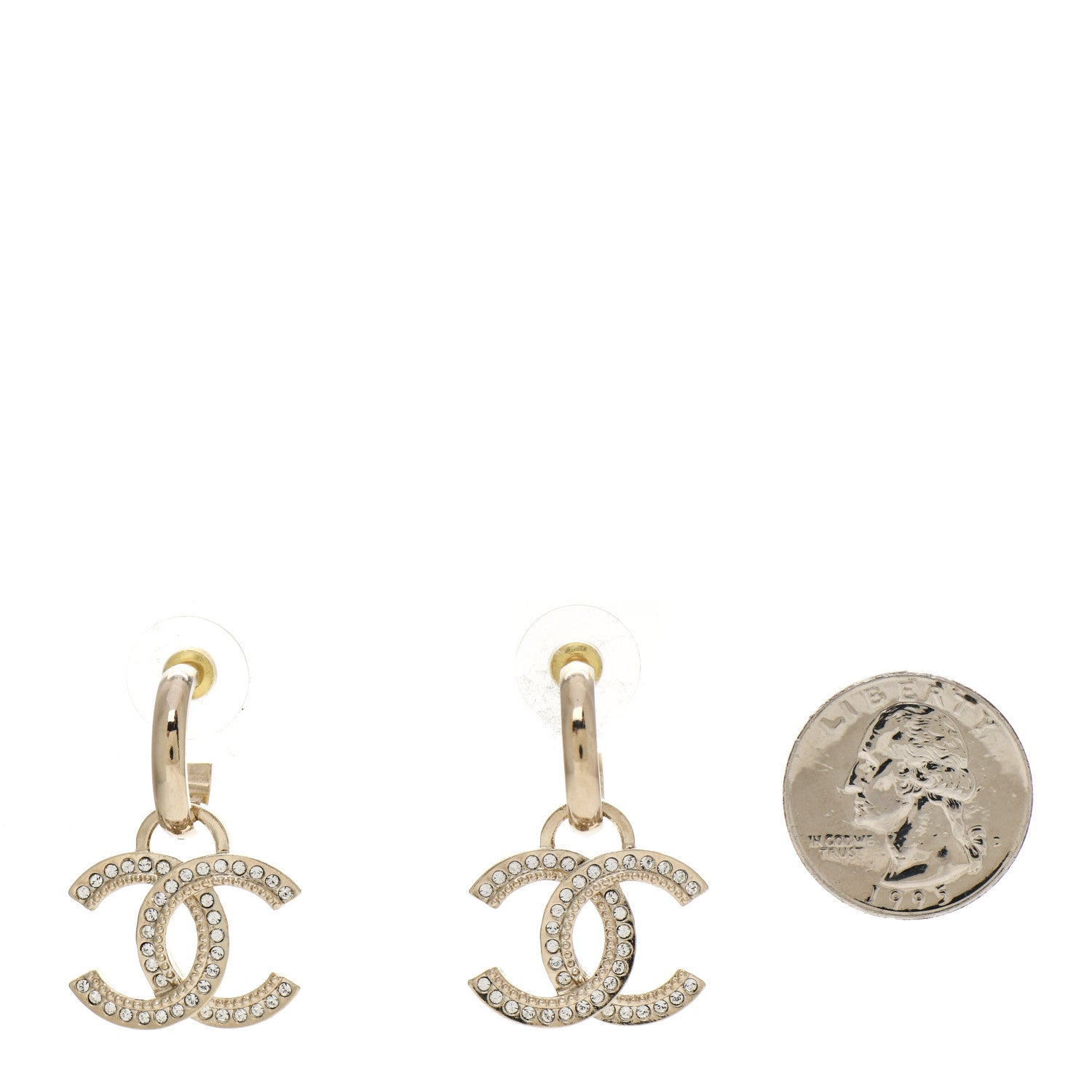 Chanel Metal Crystal Studded CC Hoop Drop Earrings Gold 2 of 4