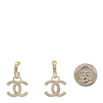 Chanel Metal Crystal Studded CC Hoop Drop Earrings Gold 2 of 4