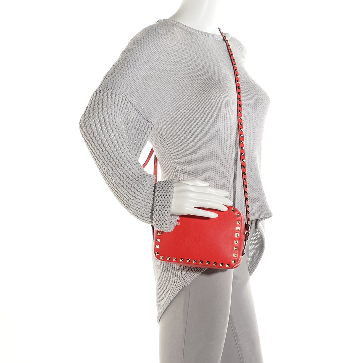 Calfskin Mini Rockstud Camera Crossbody Bag English Red