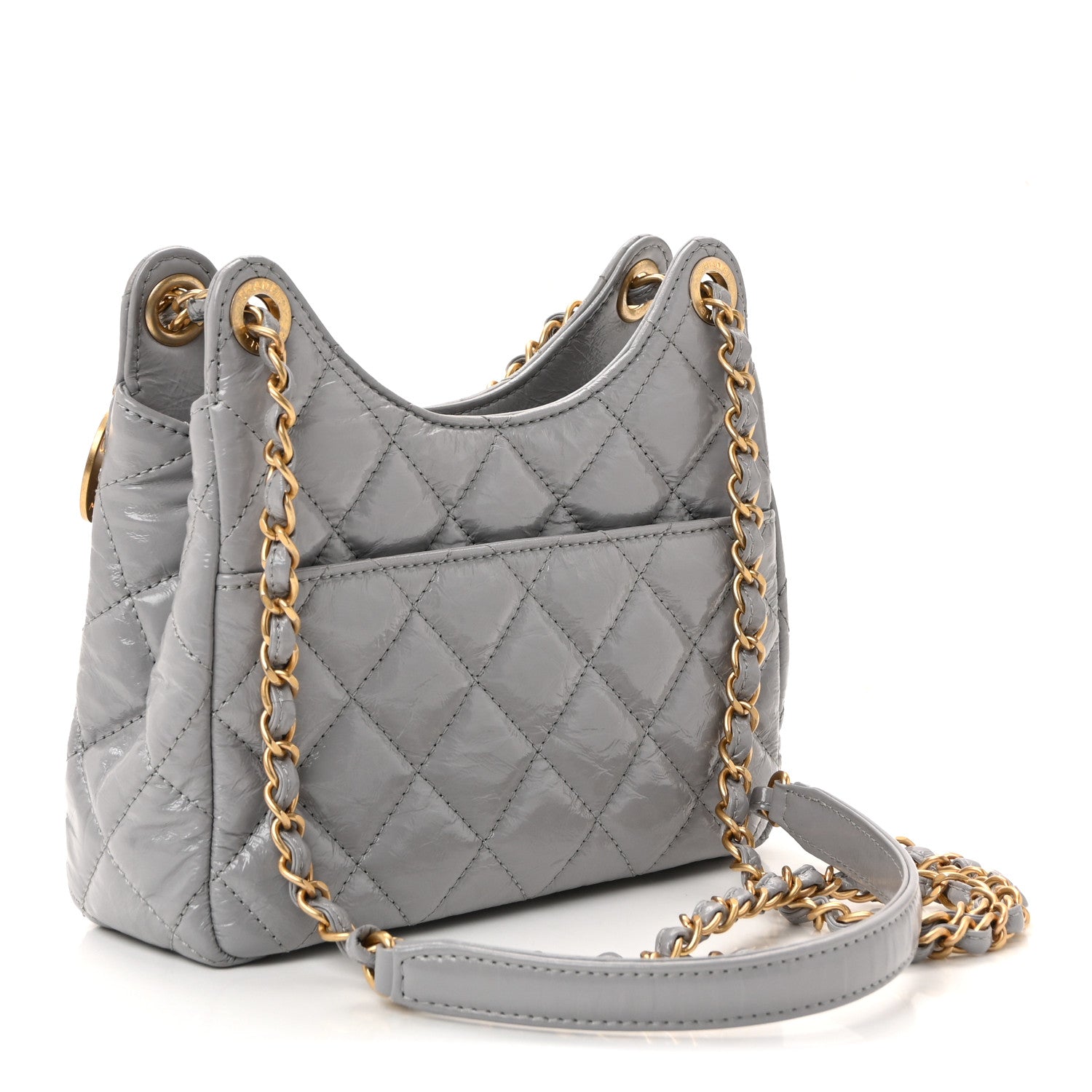Chanel Shiny Crumpled Calfskin Quilted Small Wavy CC Hobo Grey
