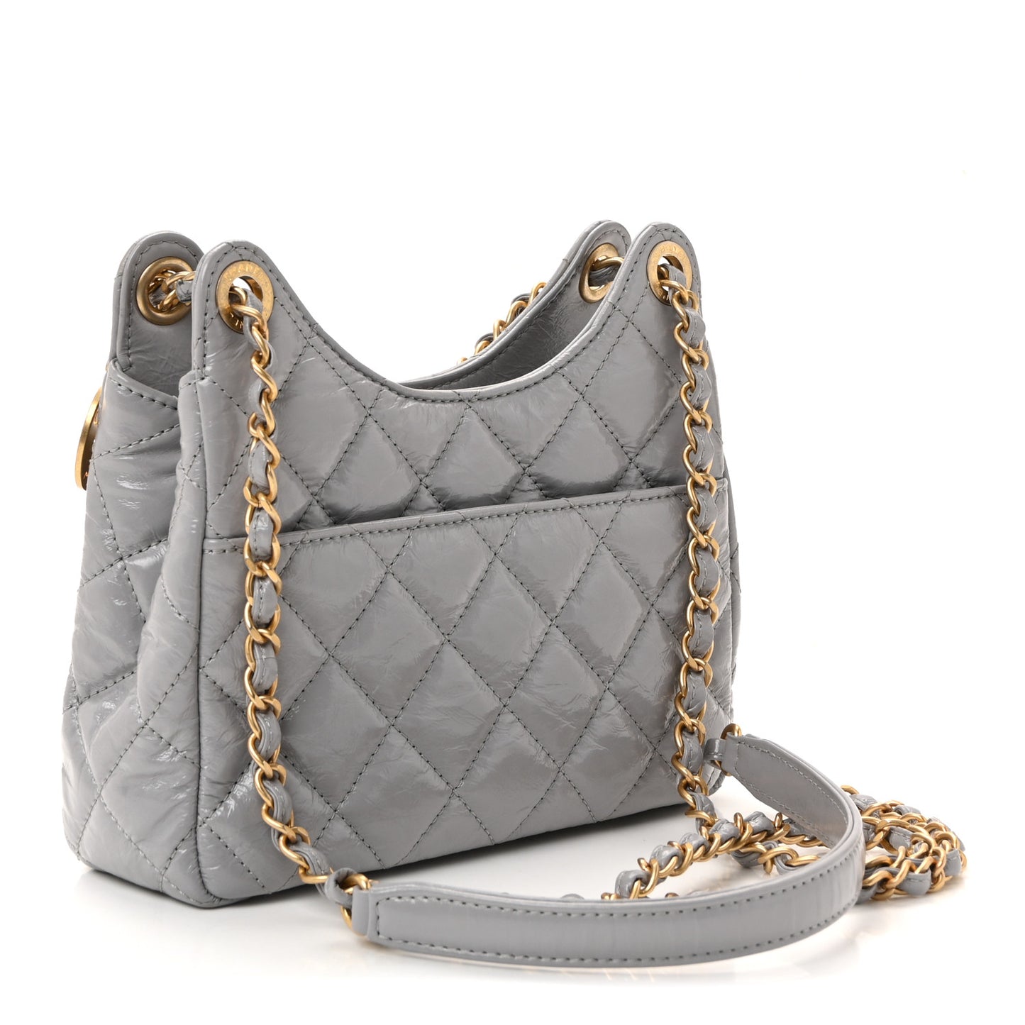 Shiny Crumpled Calfskin Quilted Small Wavy CC Hobo Grey