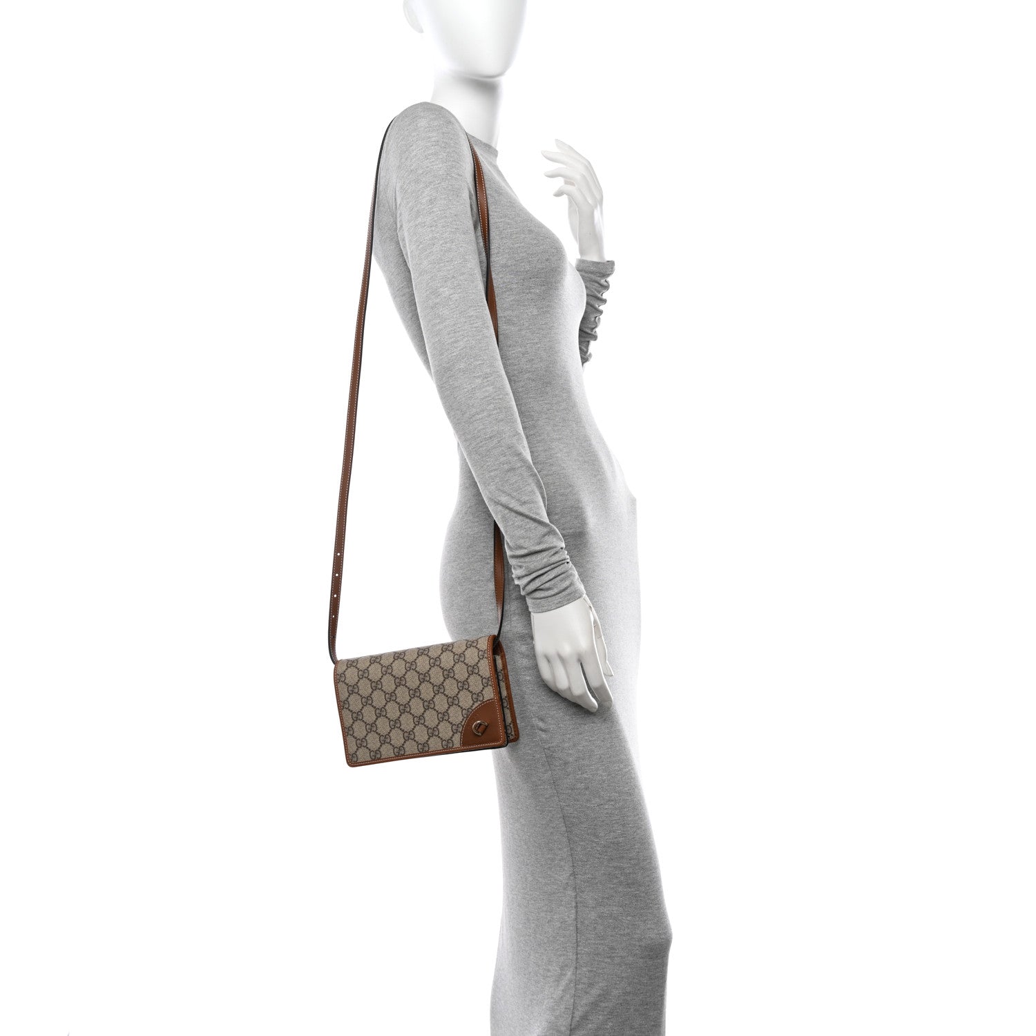 Gucci GG Supreme Monogram Textured Calfskin Emblem Super Mini Shoulder Bag Beige Dark Brown 2 of 13