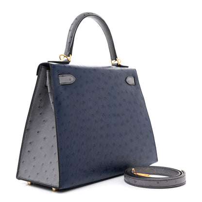 Hermes Ostrich Horseshoe Kelly Sellier 28 Bleu Iris Gris Agate 2 of 12