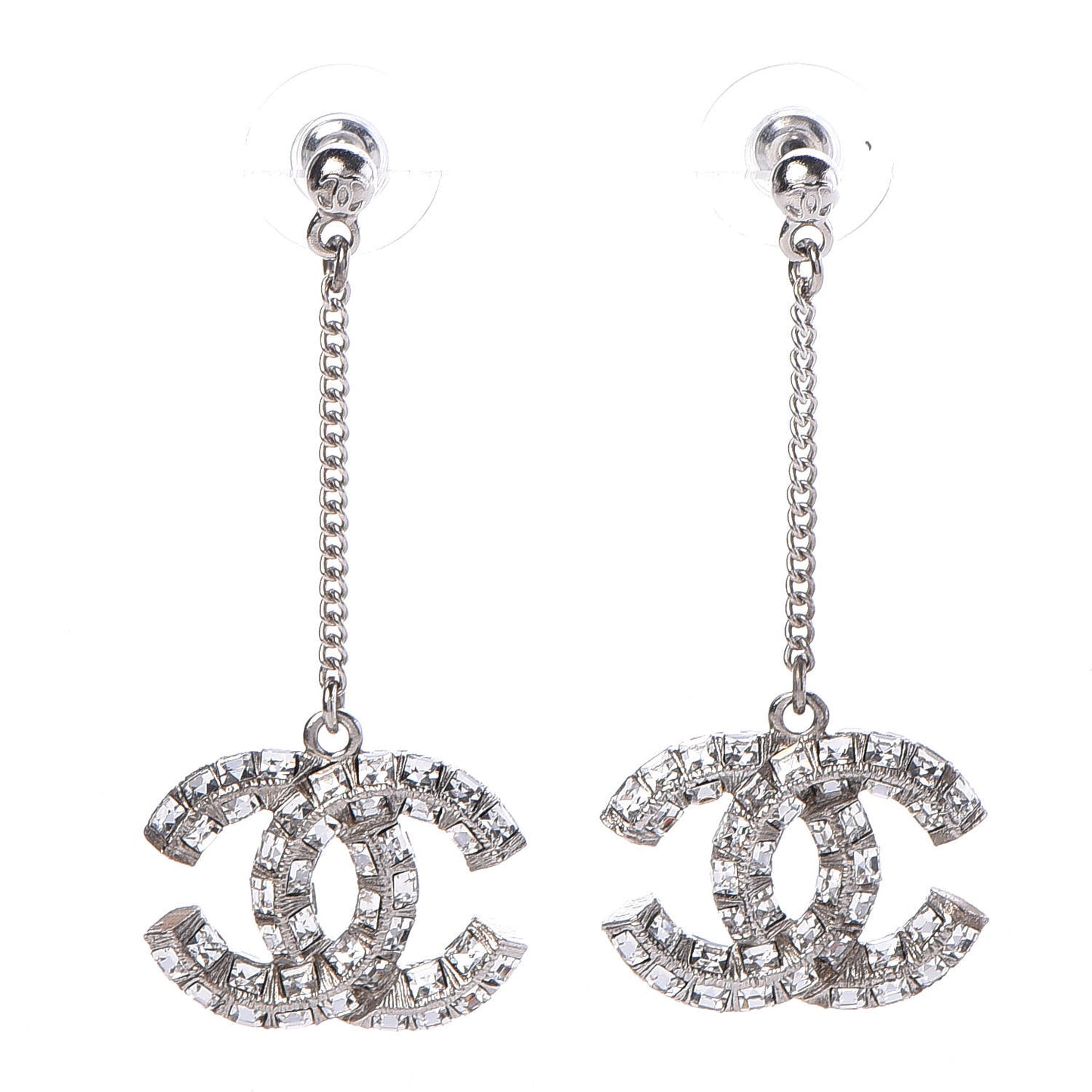 Crystal Baguette CC Dangle Earrings Silver