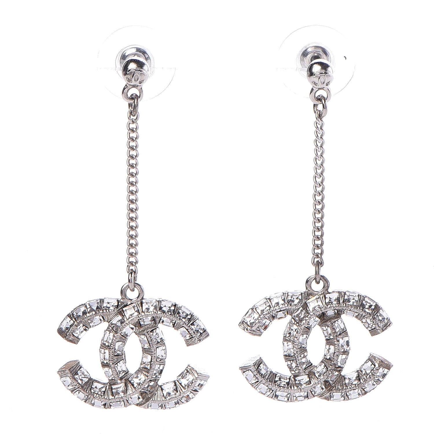 Chanel Crystal Baguette CC Dangle Earrings Silver 1 of 6
