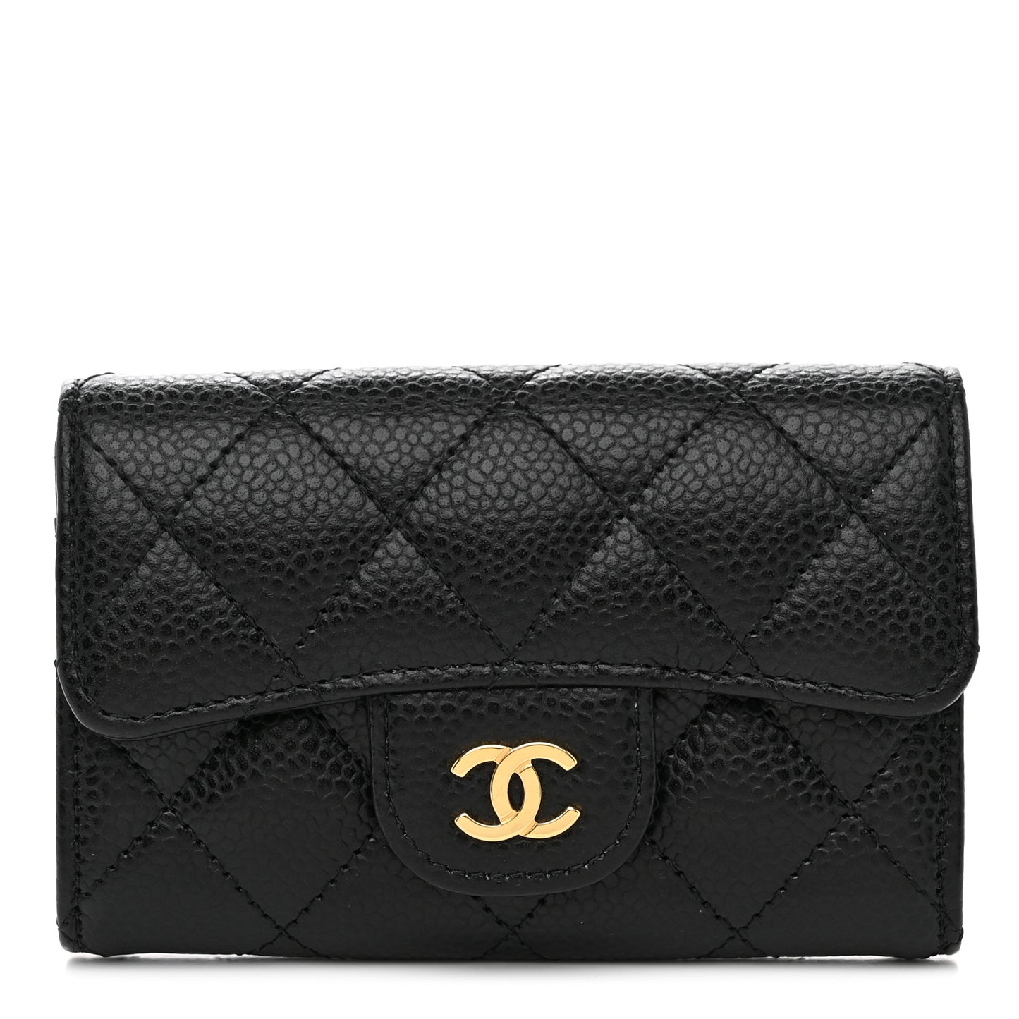 Caviar Quilted Flap Card Holder Wallet Black