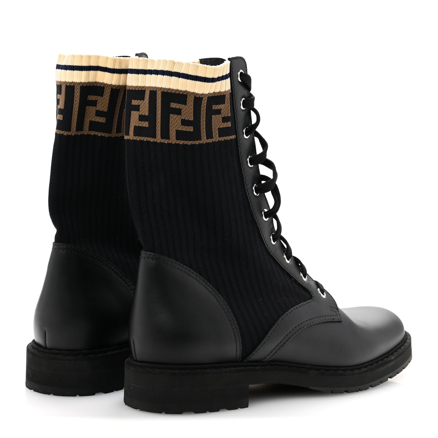 Fendi Calfskin Stretch Fabric Rockoko Biker Boots 42 Tobacco Black Marino 5 of 8