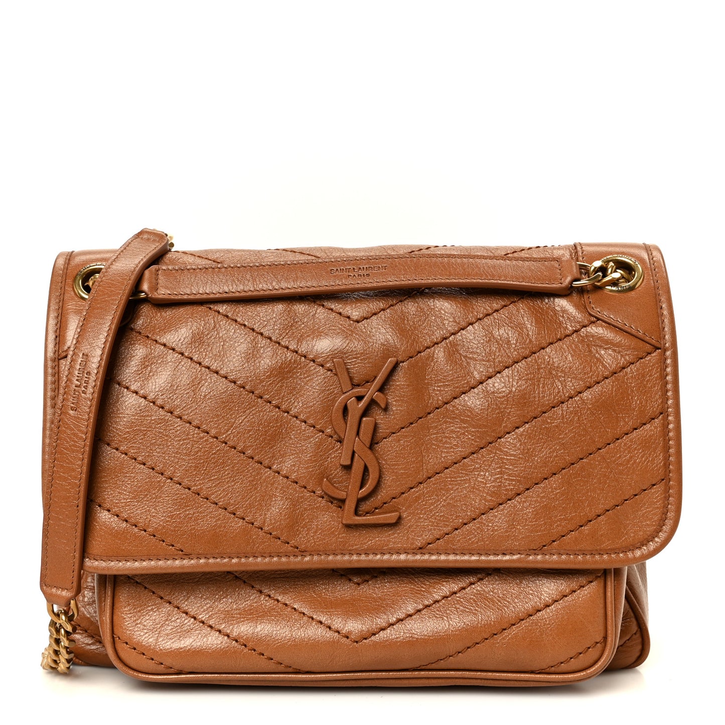 Crinkled Calfskin Matelasse Monogram Medium Niki Chain Satchel Caramel