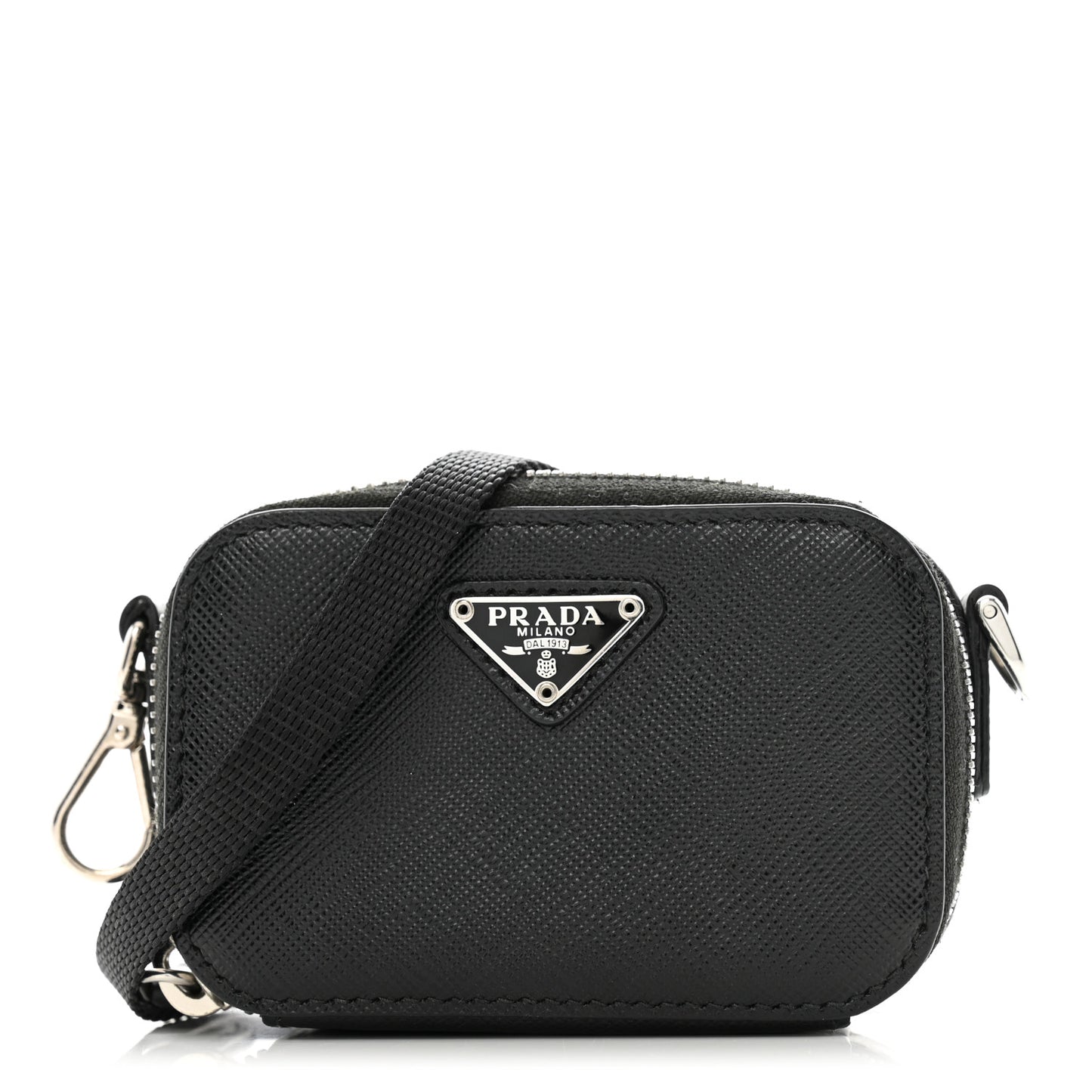 Saffiano Travel Metal Triangle Logo Mini Pouch Shoulder Bag Black