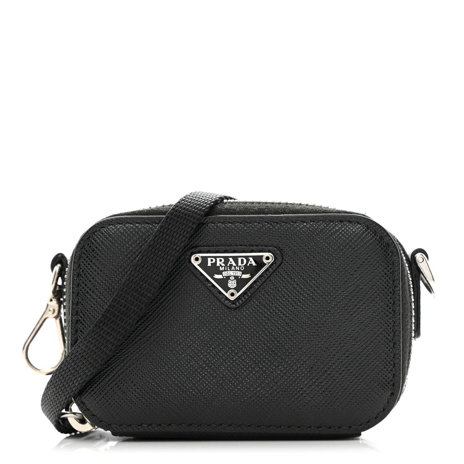 Prada Saffiano Travel Metal Triangle Logo Mini Pouch Shoulder Bag Black 1 of 10