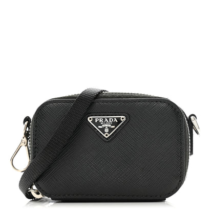 Prada Saffiano Travel Metal Triangle Logo Mini Pouch Shoulder Bag Black 1 of 10