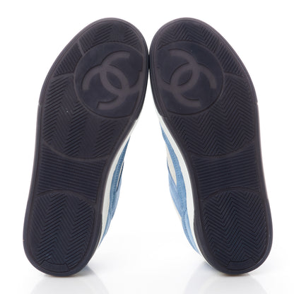 Chanel Suede Kidskin Womens CC Sneakers 37.5 White Blue 5 of 10