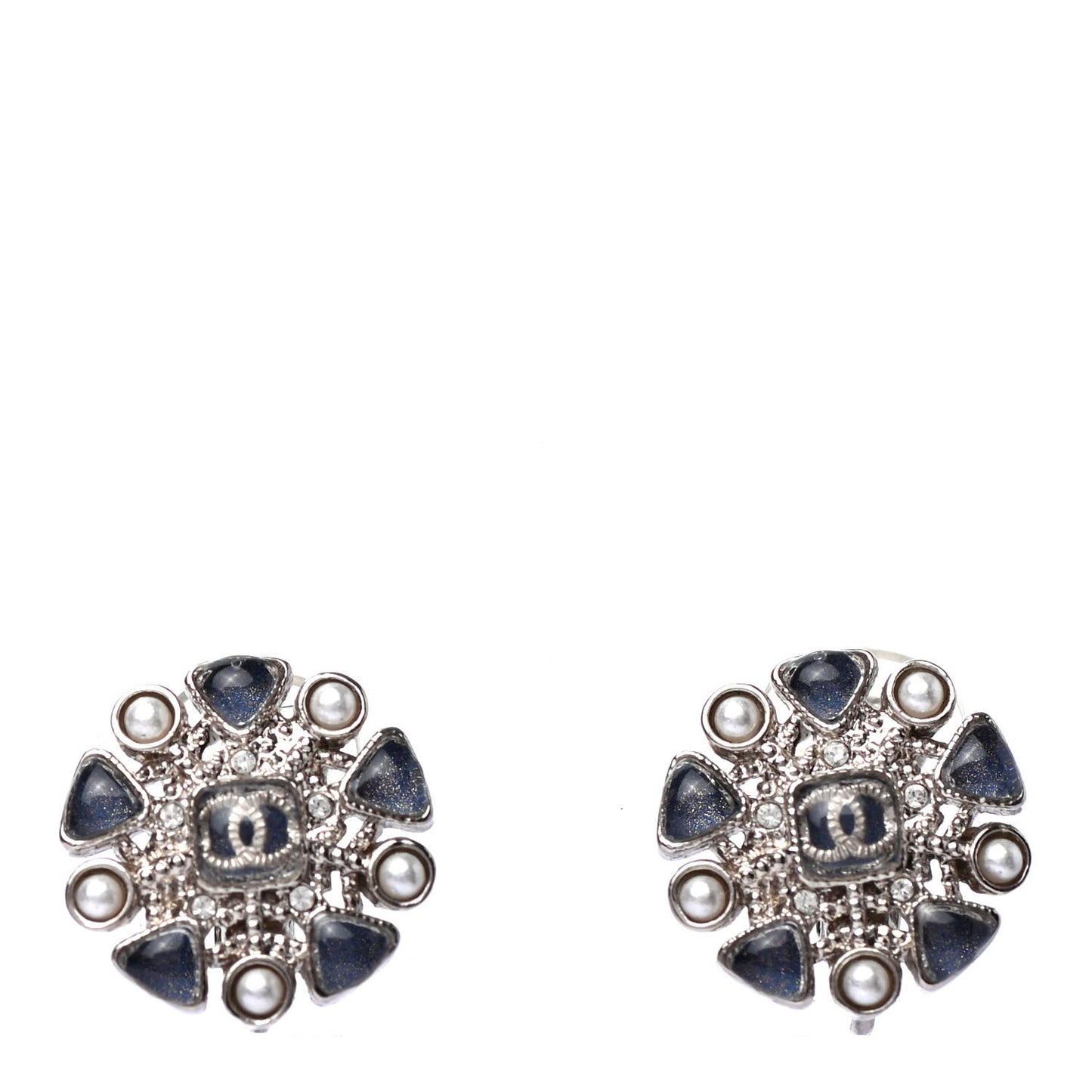 Pearl CC Round Clip On Earrings Silver Blue