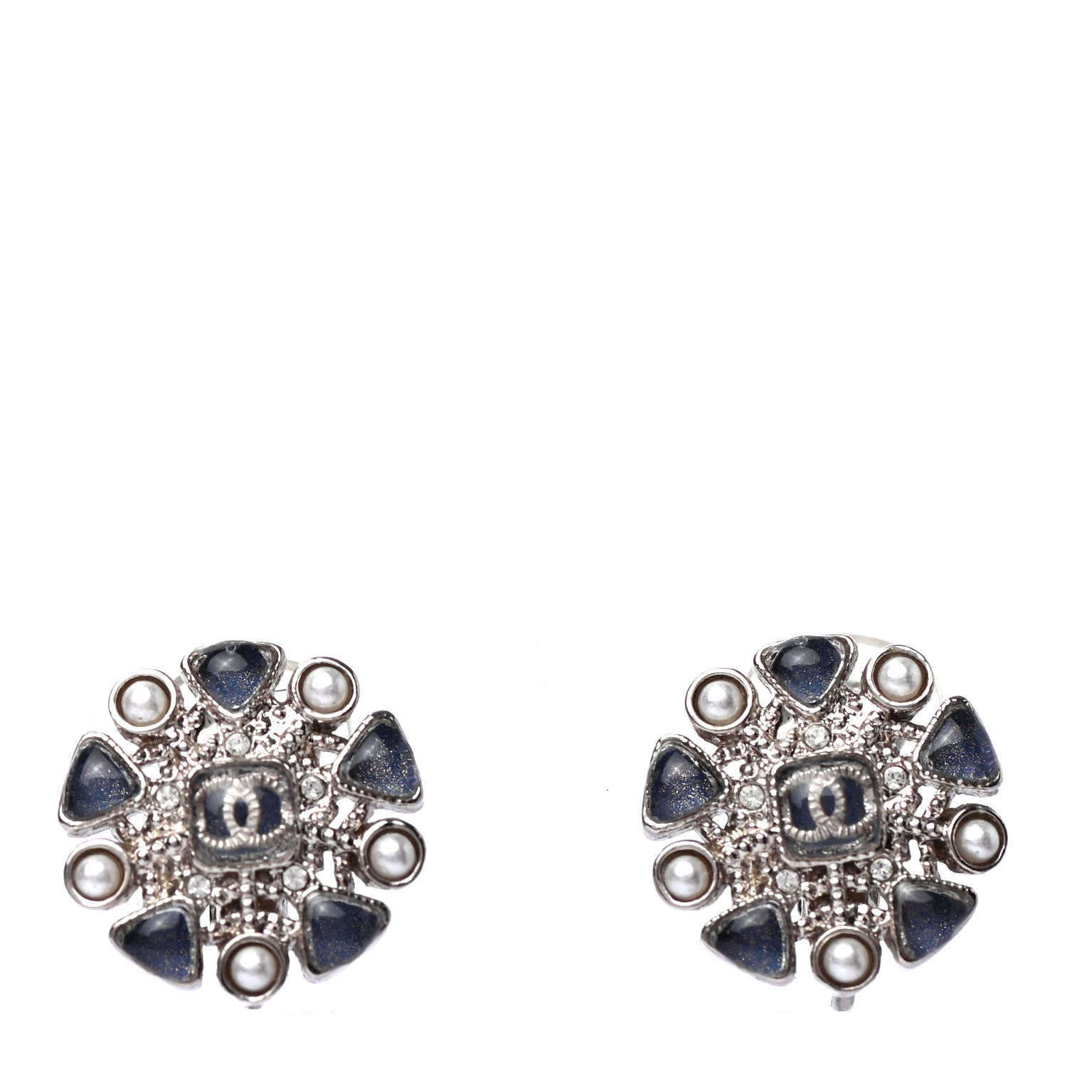 Chanel Pearl CC Round Clip On Earrings Silver Blue 1 of 4
