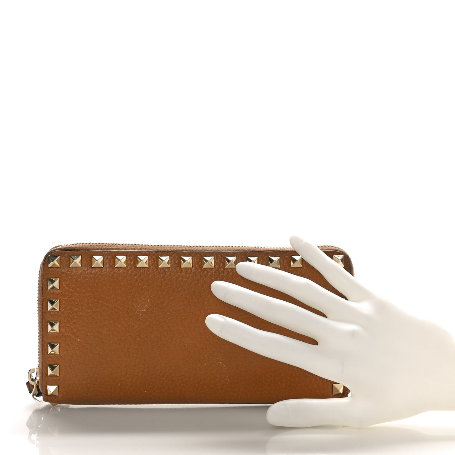 Grained Calfskin Rockstud Zip Around Wallet Bright Cognac