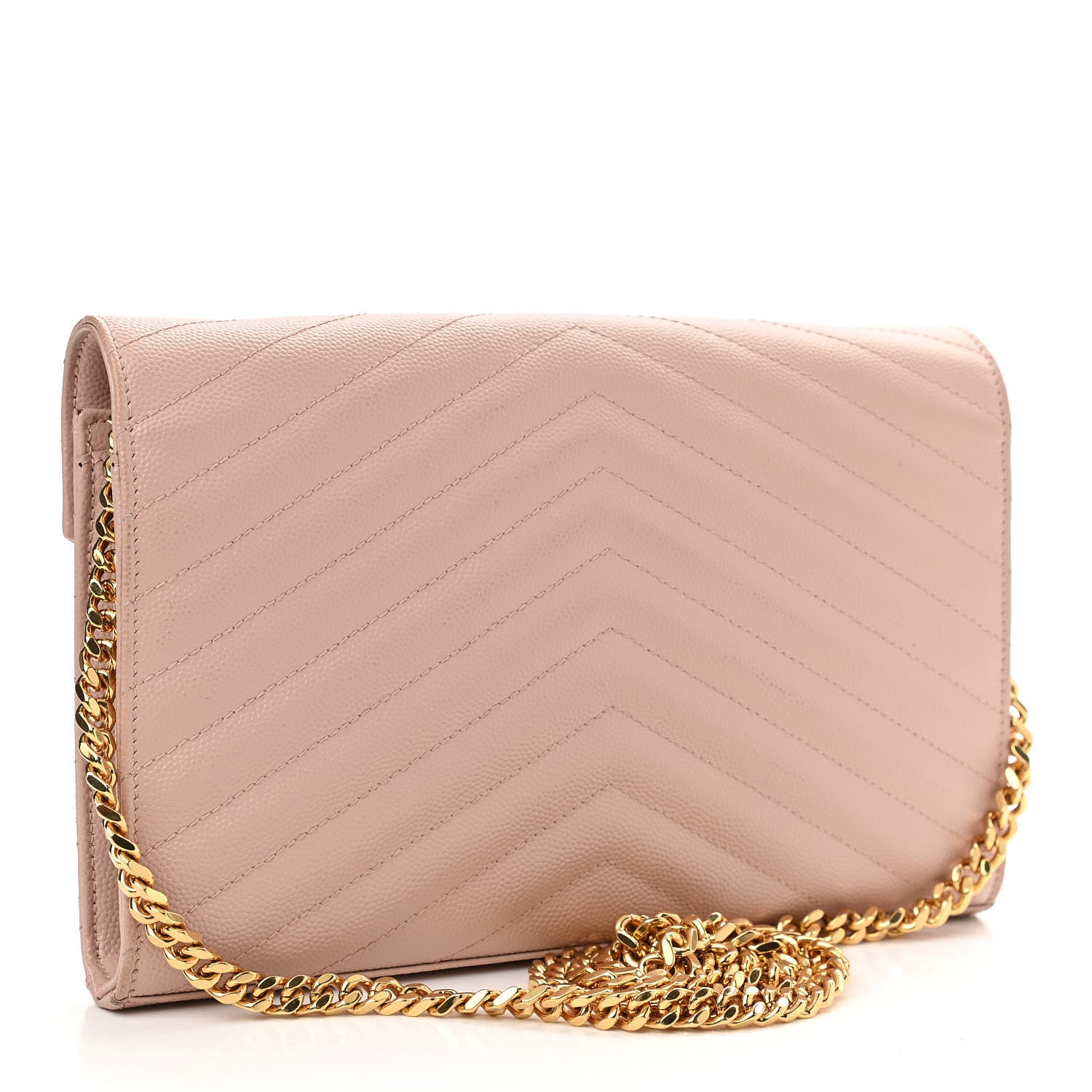 Saint Laurent Grain De Poudre Matelasse Chevron Monogram Chain Wallet Pale Blush 3 of 12