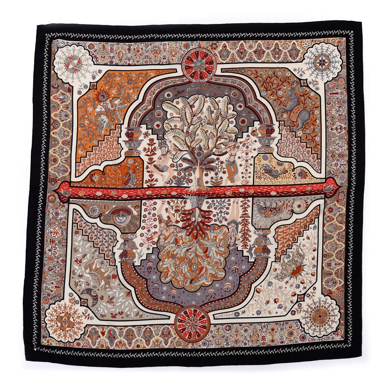Hermes Cashmere Silk Aux Portes Du Palais Shawl 140 Black Beige Rouge 1 of 7