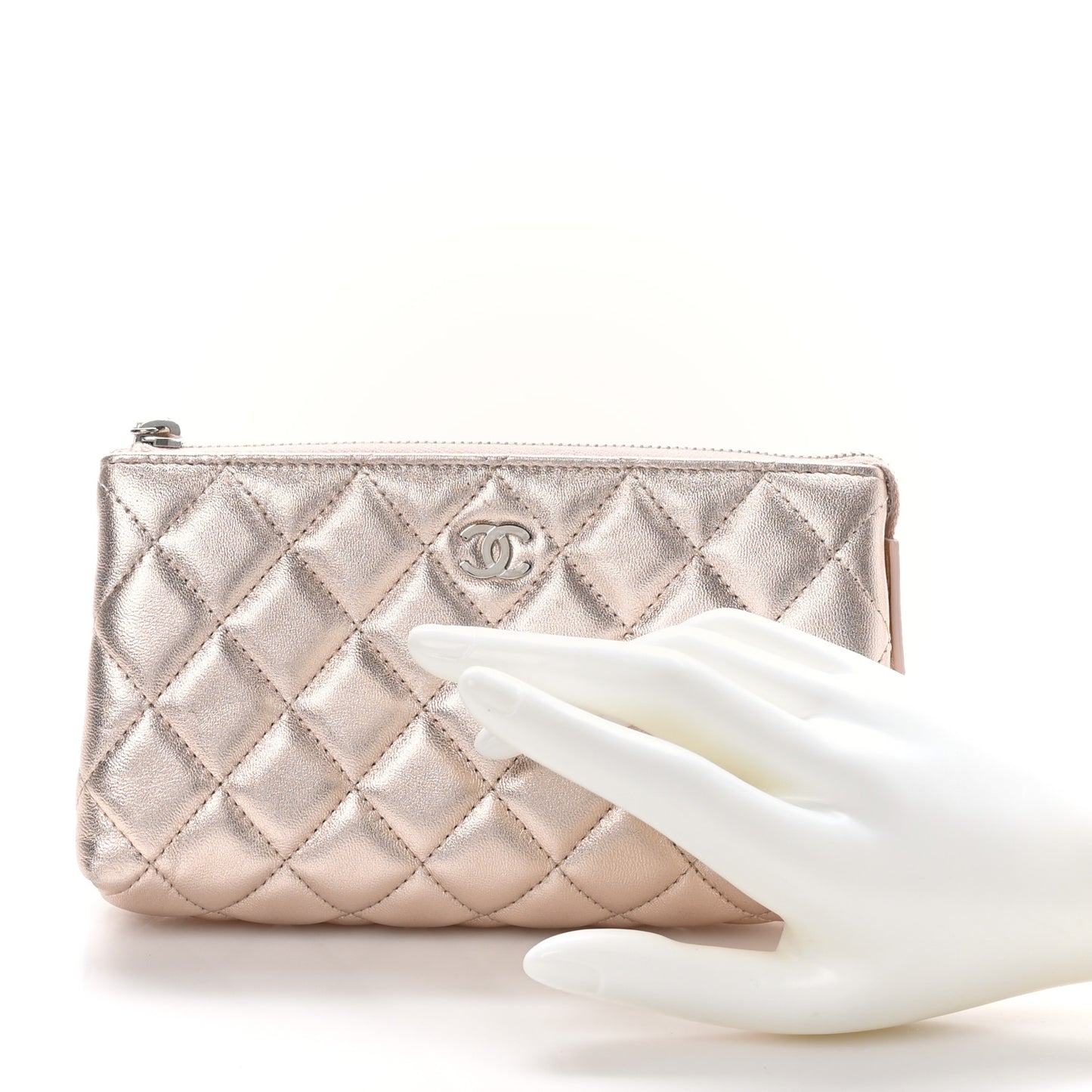 Metallic Lambskin Quilted Cosmetic Pouch Light Pink