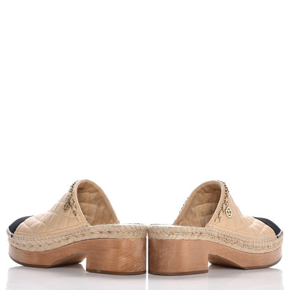 Chanel Lambskin Grosgrain Quilted CC Chain Espadrille Mules 39 Beige Black 7 of 12