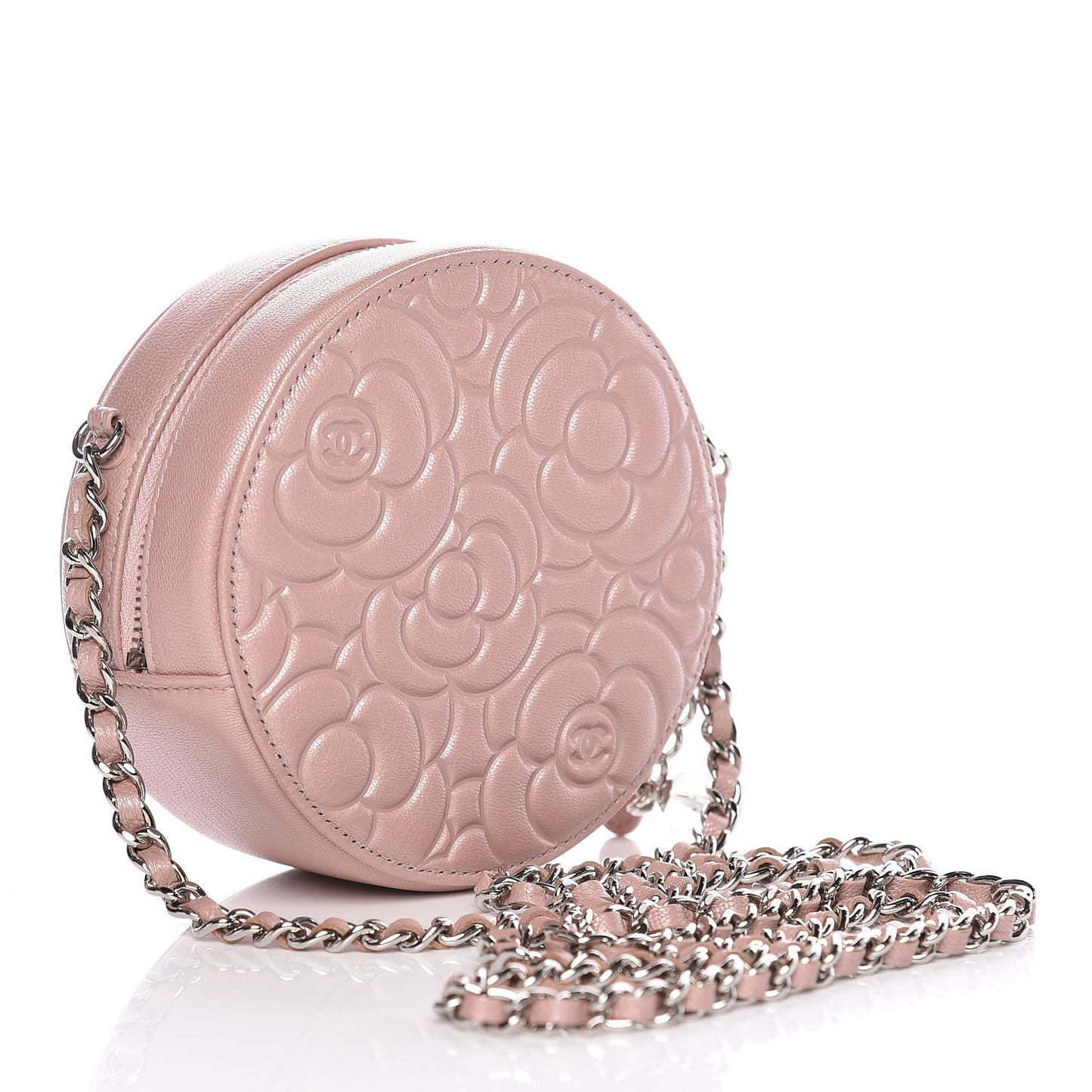Lambskin Camellia Quilted Round Clutch With Chain Light Pink