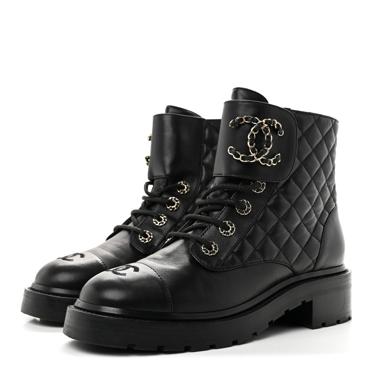 Shiny Lambskin Quilted Lace Up Combat Boots 39 Black