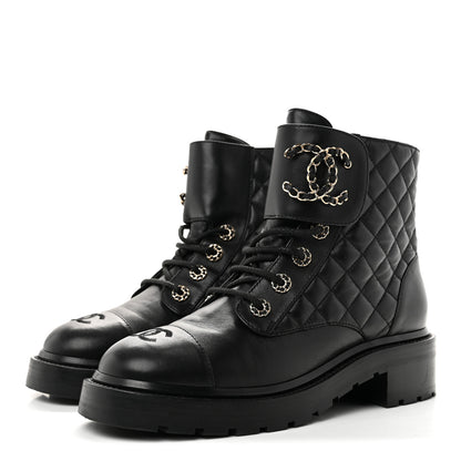 Chanel Shiny Lambskin Quilted Lace Up Combat Boots 39 Black 4 of 9