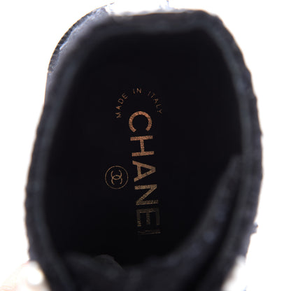 Chanel Tweed Patent Calfskin Pearl Combat Short Boots 40 Black Grey Blue 7 of 9