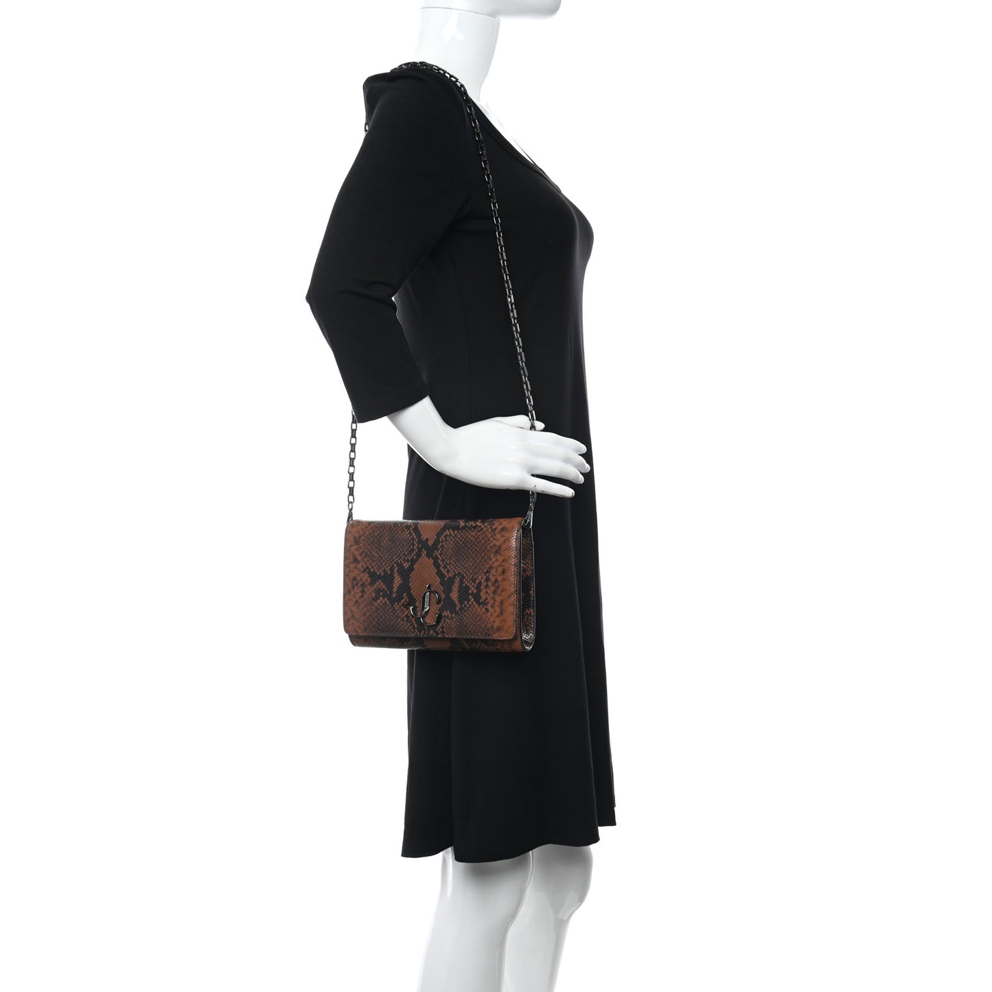 Calfskin Snakeskin Embossed Varenne Chain Clutch Brown