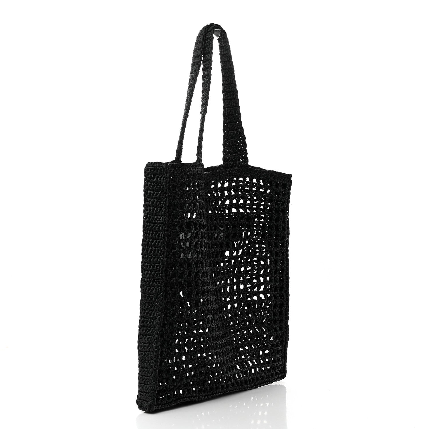 Prada Yarn Raffia Effect Crochet Logo Embroidered Tote Bag Black 3 of 12