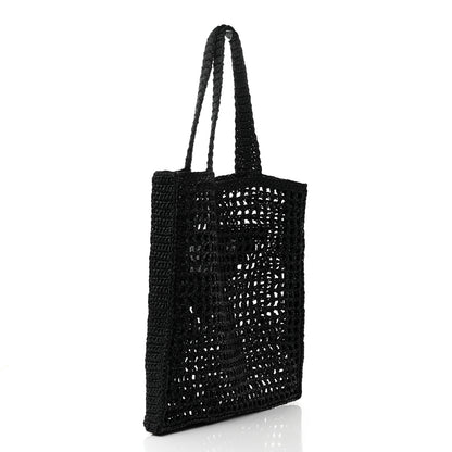 Prada Yarn Raffia Effect Crochet Logo Embroidered Tote Bag Black 3 of 12