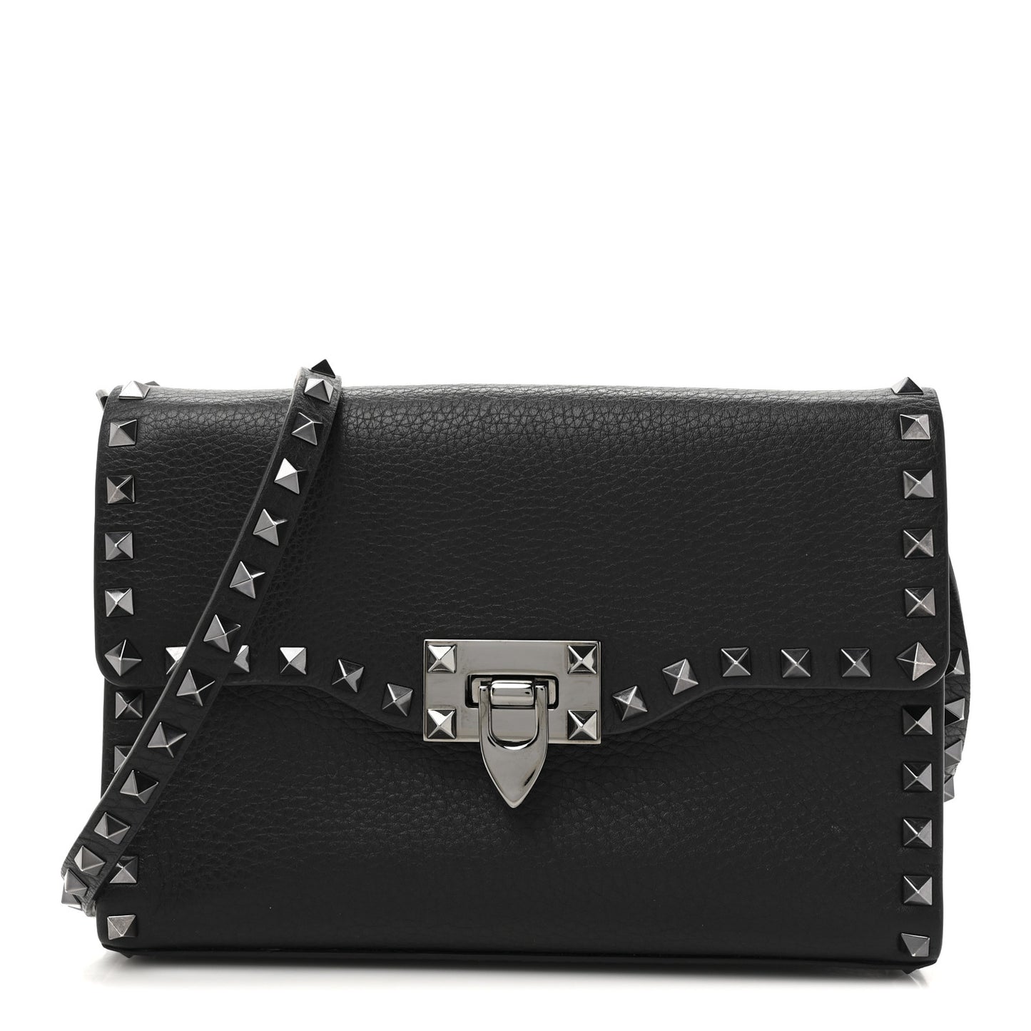 Pebbled Calfskin Monochrome Medium Rockstud Flip Lock Crossbody Bag Black