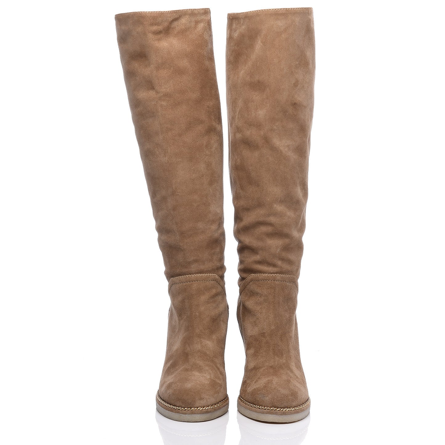 Suede Calfskin Chain Around High Boots 38.5 Beige