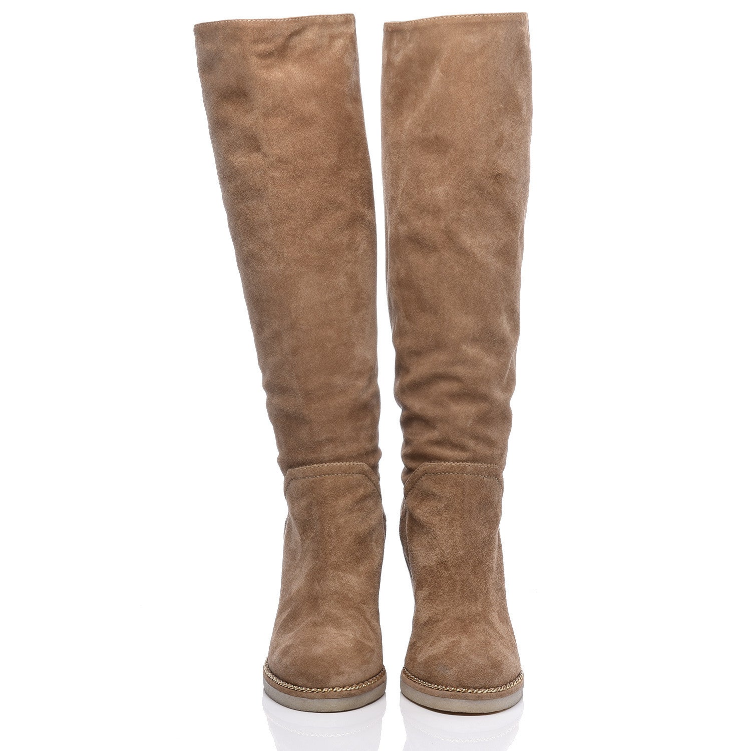 Chanel Suede Calfskin Chain Around High Boots 38.5 Beige 2 of 10