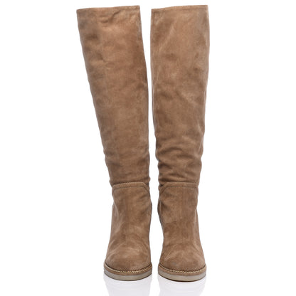 Chanel Suede Calfskin Chain Around High Boots 38.5 Beige 2 of 10