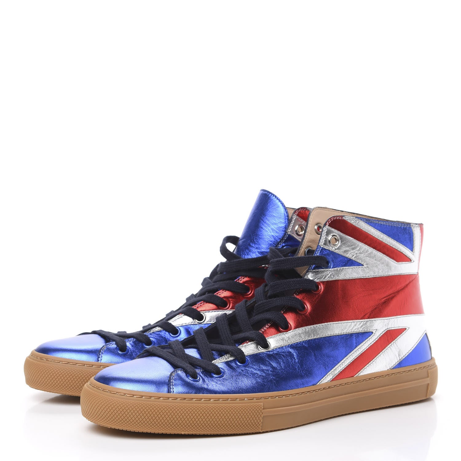 Gucci Metallic Calfskin Union Jack Mens High Top Sneakers 10 Red Silver Blue 3 of 8