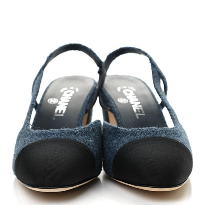 Chanel Tweed Grosgrain Cap Toe CC Slingback Pumps 38 Blue Black 2 of 8