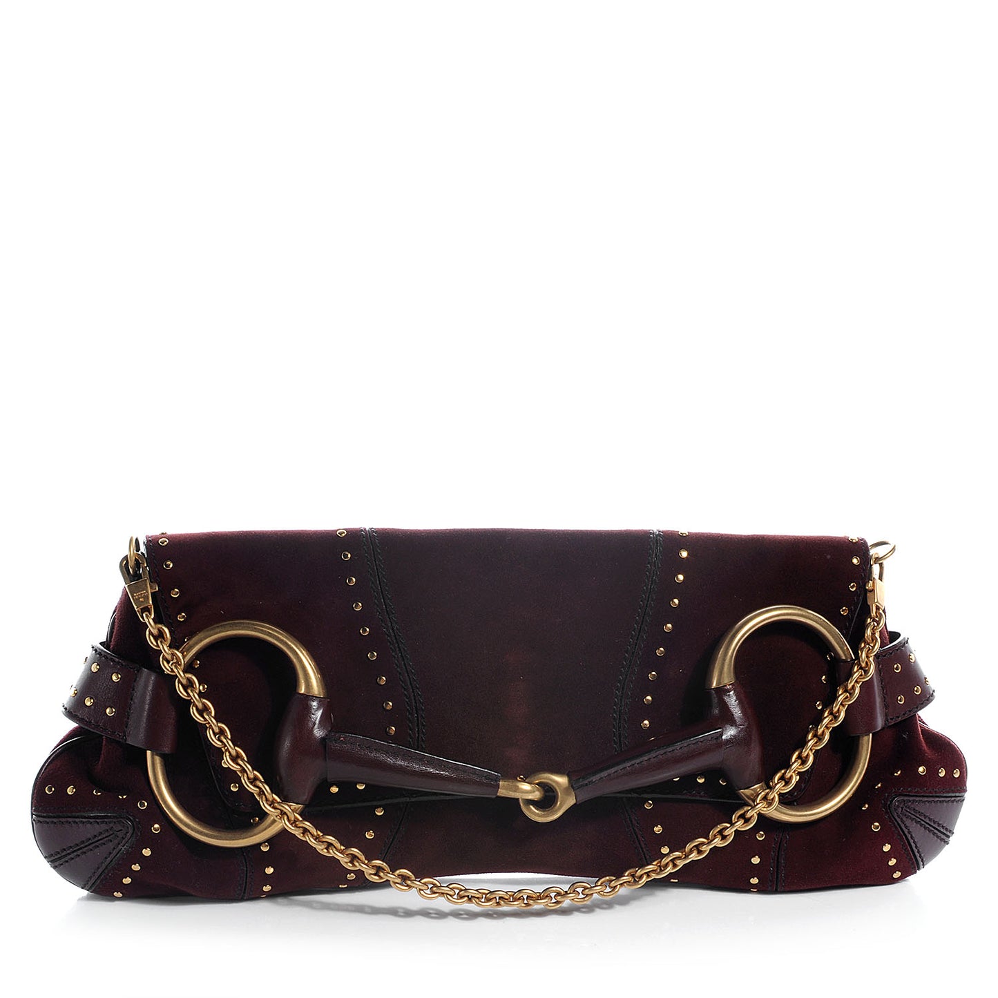 Suede Studded Horsebit Clutch Bag Burgundy